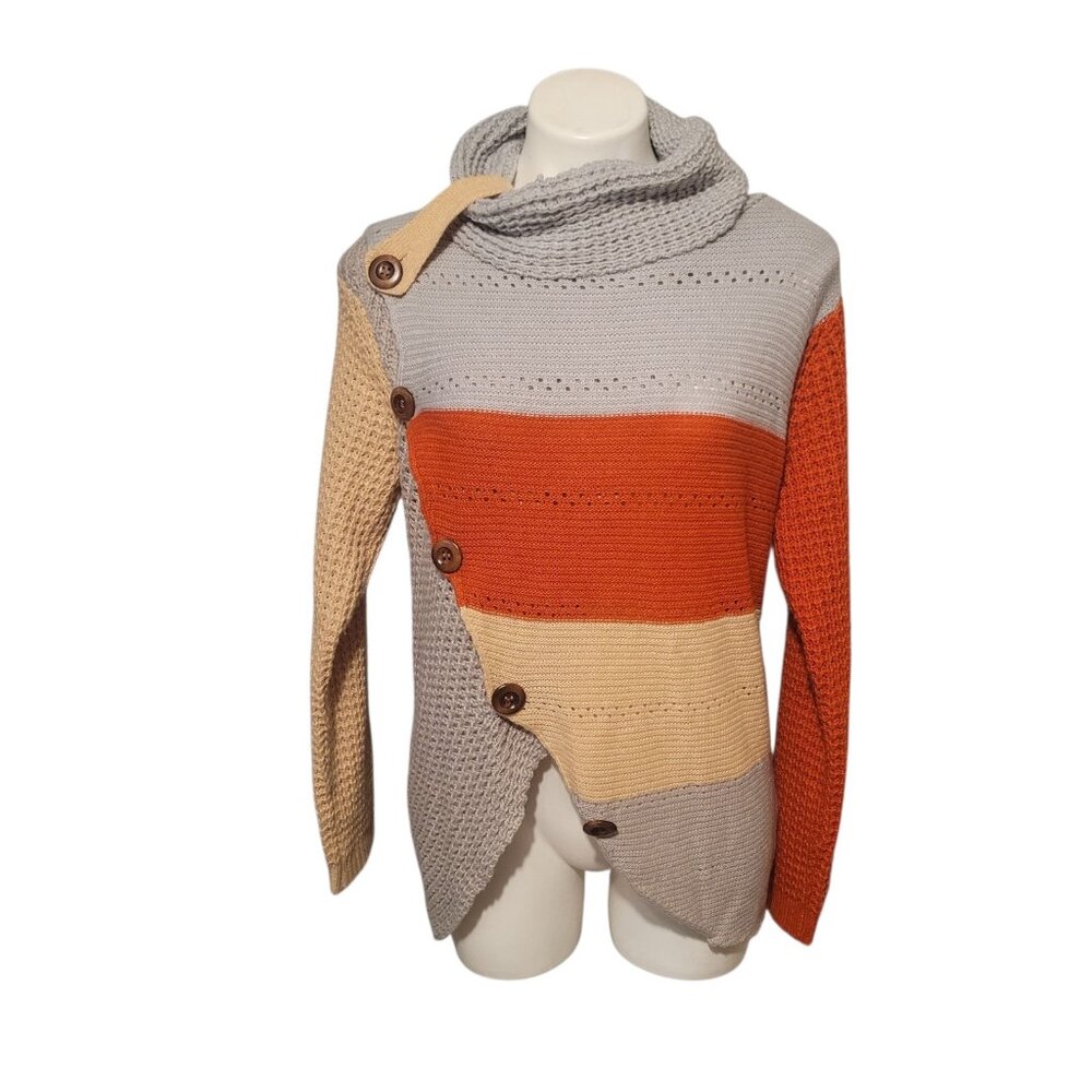 Asymmetrical Colorblock Sweater Cowl Neck Buttons Size Medium Autumn Neutral